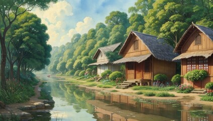 Landscape, oil painting on canvas, farmhouse painting, Log house. Cabin for camping. Holidays in the mountains with clouds. Beautiful forest nature. Country landscape. old rural house, Impasto artwork