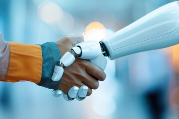 Close-up of a human and a robotic hand shaking hands, symbolizing collaboration and partnership between humans and artificial intelligence.