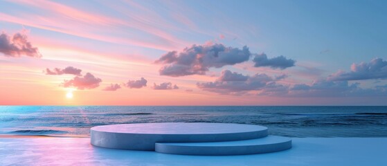 Delfts blauw podium with beach sunset, warm and tranquil