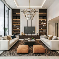 White sofa and tv unit in spacious room. Luxury home interior design of modern living room