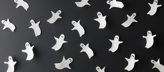 Fototapeta premium Floating Paper Ghosts on Black Background, Halloween Decorations and Spooky Atmosphere