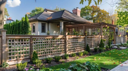 wooden fence with custom lattice work, surrounding a Craftsman-style home