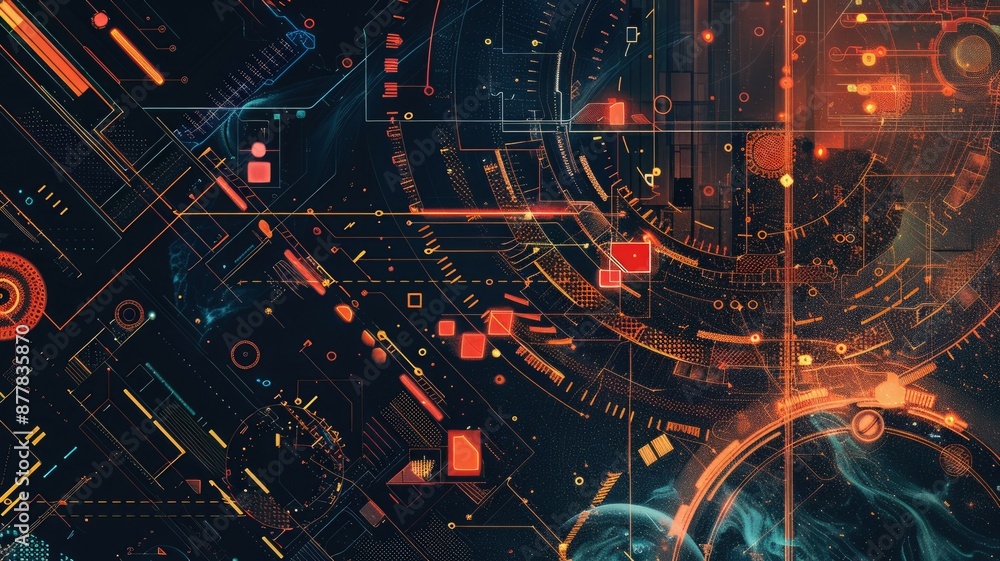 Poster vibrant digital network with glowing nodes and connections, representing data interaction and techno