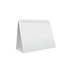 White, blank tabletop calendar standing upright with spiral binding. Vector