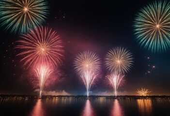fireworks in the city over the river new year christmas in july celebration in night colorful festival holiday