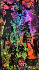 Fototapeta premium Modern Halloween Collage Art Featuring Witch, Spider, and Cauldron in Neon Colors, Abstract Festive Background or Wallpaper, High-Definition AI-Generated Art