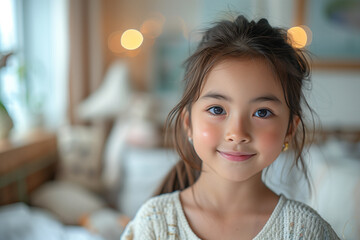 Smiling Little Girl in Cozy Room with Warm Lighting and Soft Ambiance
