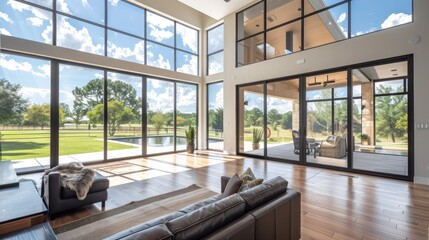 Modern ranch with an open-plan design, featuring large, unobstructed windows that provide views of a scenic backyard