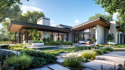 Modern ranch with a bold, angular architecture and a contrasting soft, landscaped garden