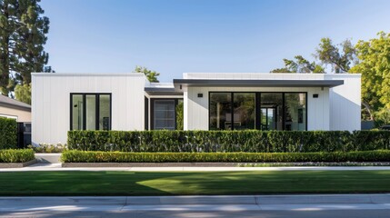 Modern ranch with a crisp white facade, offset by dark, vertical window frames and a neatly trimmed hedge
