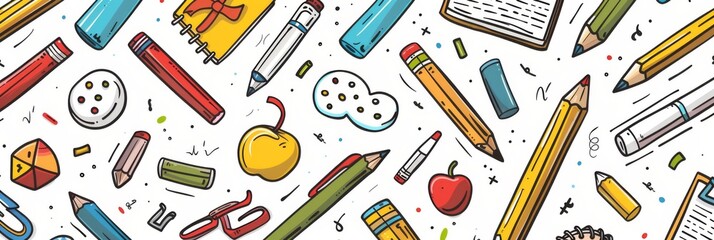 Obraz premium Grilled Shrimp Skewer Delights: Abstract School Supplies Seamless Pattern: Pencils, pens, and notebooks presented in black line doodle comic style, isolated on a white background, for creative design 