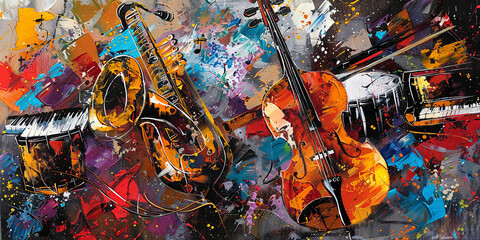 Vibrant Jazz Fusion: Saxophone, Violin, Piano and Drum Set in Abstract Art