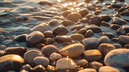Obraz premium The image is a close-up of a beach with the sun reflecting off the wet rocks.