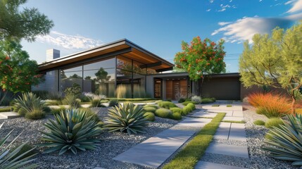 Fototapeta premium Modern ranch with a low-profile, streamlined design and a front yard featuring minimalist, sculptural landscaping