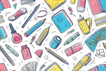 Grilled Shrimp Skewer Delights: Abstract School Supplies Seamless Pattern: Pencils, pens, and notebooks presented in black line doodle comic style, isolated on a white background, for creative design 