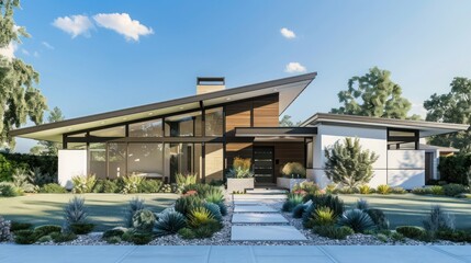 Fototapeta premium Modern ranch with a low, horizontal profile and a front yard featuring a minimalist, geometric landscape design