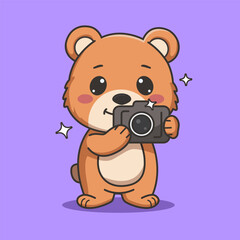 Cute bear taking photo with camera cartoon vector illustration
