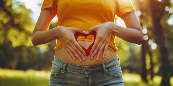 Tender Embrace: A Slender Woman Nurturing Life with a Hand-Shaped Heart Caressing Her Pregnant Belly.