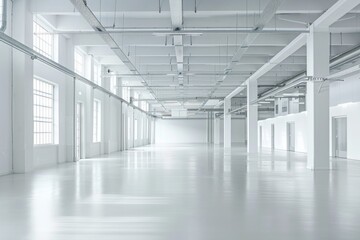 Empty modern white warehouse with a spacious interior and clean white background