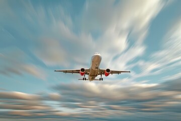Fototapeta premium A commercial airplane flying at high speed, with the motion blur background enhancing the sense of movement and efficiency in air shipping. The sky is partially cloudy, adding depth to the scene.
