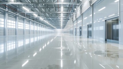 Obraz premium A modern, clean warehouse with bright, clear lighting and polished, empty floors. The organized and spacious environment is optimized for smart storage.