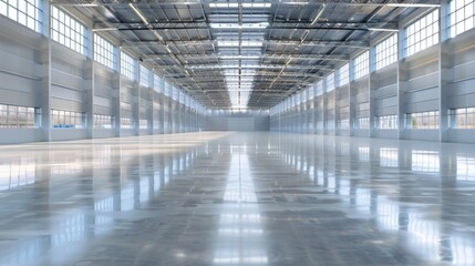 Obraz premium An empty warehouse with pristine, shiny floors and clear, bright light streaming in. The clean and spacious area is designed for smart operations.