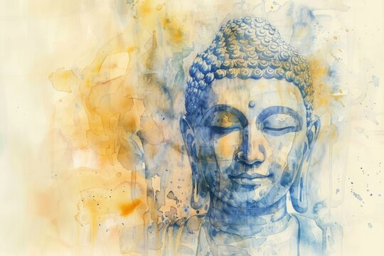 A serene watercolor painting of a Buddha statue, depicted in soft, faded hues that evoke a sense of tranquility and spiritual contemplation
