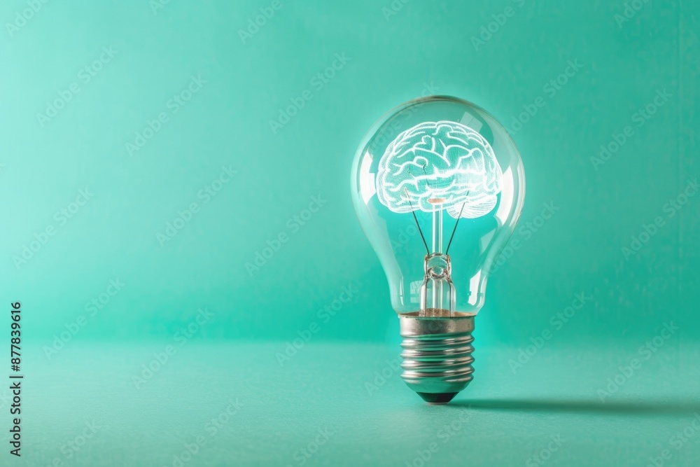 Wall mural A light bulb emitting a brain hologram, set on a solid color background. The visual represents creativity and smart thinking, with ample copy space around it.