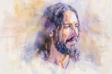Watercolor painting of Jesus Christ with a serene expression, set against a softly blended background.