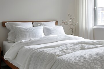 Minimalistic white bedroom with a clean-lined bed and white linens, showcasing serene and uncluttered design.