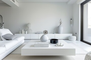 Bright minimal white living room featuring a modern white coffee table and minimalistic decor elements.