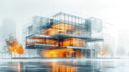 Modern Glass Building Construction Sketch