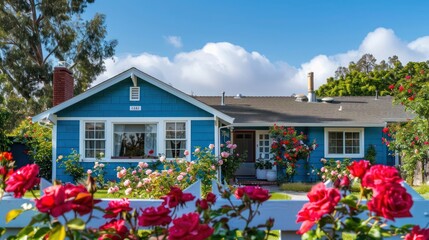 Quaint ranch home with a blue painted exterior and white trim, complemented by a rose garden