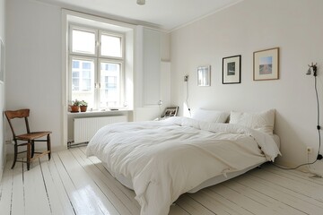 Bright and cozy white bedroom with minimal furniture and decor
