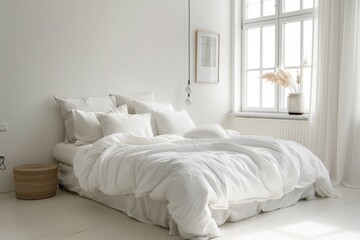 Minimalist white bedroom with cozy bedding and natural light