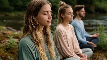 Naklejka premium Group of Young People Meditating Outdoors by a River in a Peaceful Natural Setting