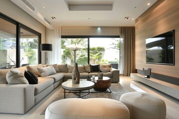 Elegant modern living room with neutral tones and stylish touches