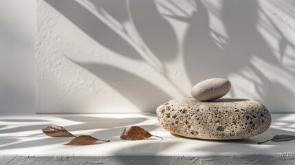 Minimalist product display with a stone, leaf shadows, and raw photo aesthetic