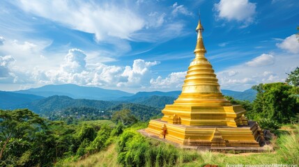 Fototapeta premium An awe-inspiring view of a golden temple nestled amidst the tranquility of Thailand's natural surroundings, the shimmering golden hues of the temple complementing the lush greenery and clear blue