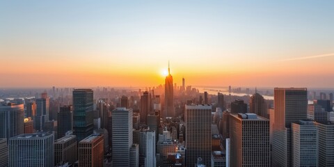 Naklejka premium Cityscape with sunrise over skyline. Cityscape with the sun rising over the skyline, illuminating the urban landscape and creating a tranquil morning view.