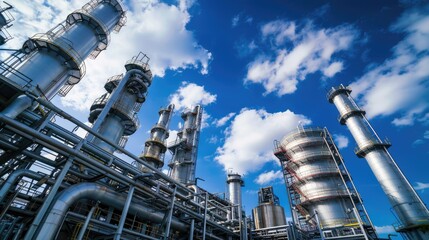 Petrochemical plant with blue sky and clouds - industrial background