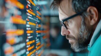 Intense Programmer Debugging Code. Programmer with glasses deeply focused on debugging code on a computer screen filled with code snippets.