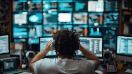 Programmer Managing Multiple Projects. Programmer wearing headphones and managing multiple projects on numerous computer screens in a high-tech office.