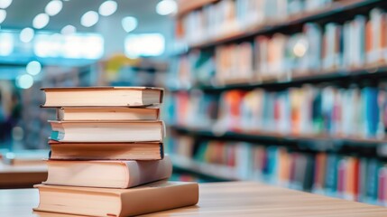 Stack of books in the library room with a blurry background