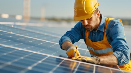 Engineer Checking Solar Panel Efficiency. Engineer in safety gear checking the efficiency of solar panels, ensuring optimal performance and renewable energy generation.