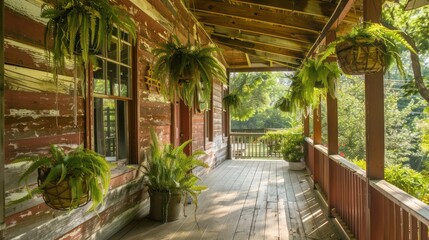 Fototapeta premium Rustic suburban ranch with weathered wood siding and a wrap-around porch filled with hanging plants