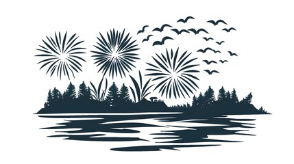 Obraz premium Fireworks Display Over Tranquil Lake in Lush Forest Landscape