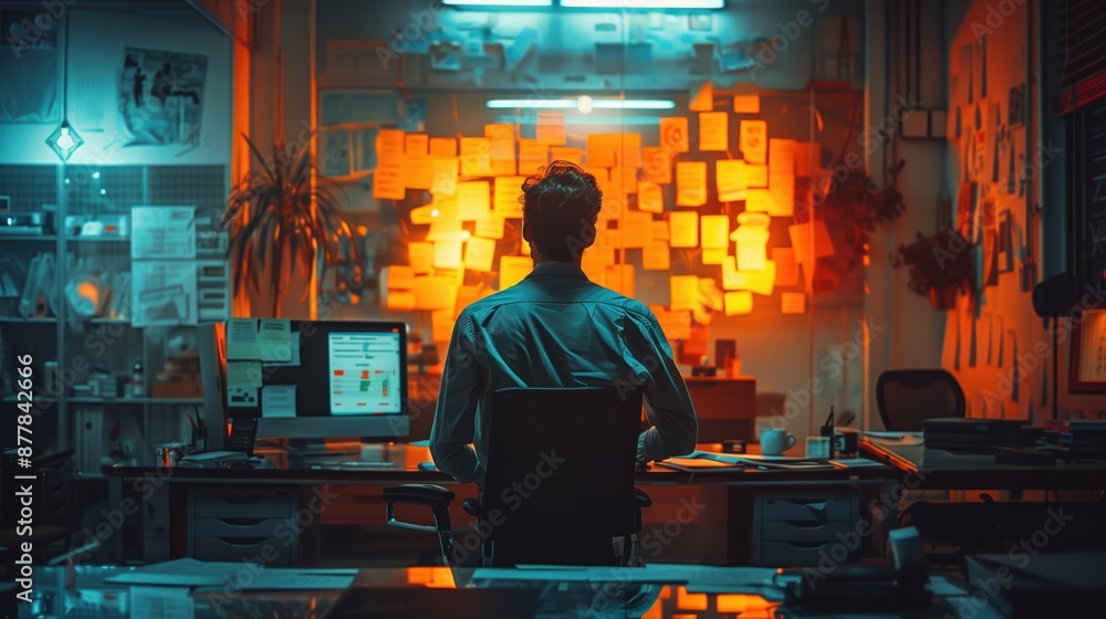 Poster focused man brainstorming with sticky notes. man sits in a dimly lit office, facing a wall filled wi