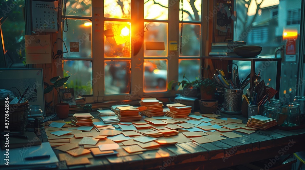 Poster creative workspace with sticky notes and sunset. creative workspace filled with sticky notes and off