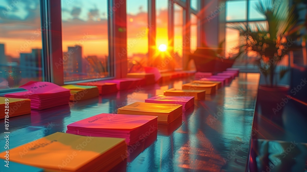 Poster sticky notes on table with sunset view. stacks of colorful sticky notes on a table by a window with 